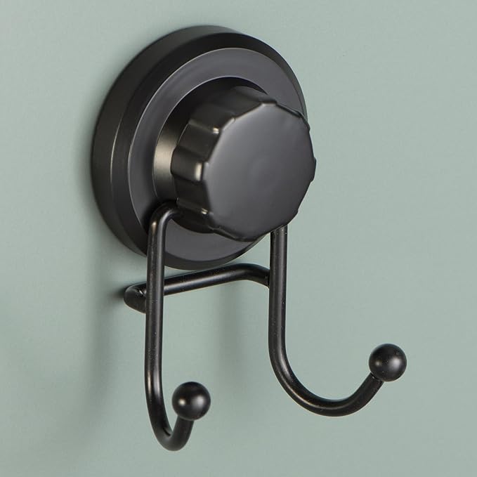 HASKO Suction Cup Hook for Shower, Stainless Steel Bathroom Suction Towel Hooks Hanger, Organizer for Towel, Bathrobe and Loofah, Includes Optional No Drill Adhesive Mount for Inside Shower, Black