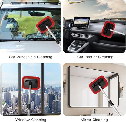 11pcs Windshield Cleaner Tool, Car Window Cleaning Wash Kit with 6 Reusable Microfiber Pads 2 Spray Bottles and Extendable Handles Auto Glass Wiper Kit, Red