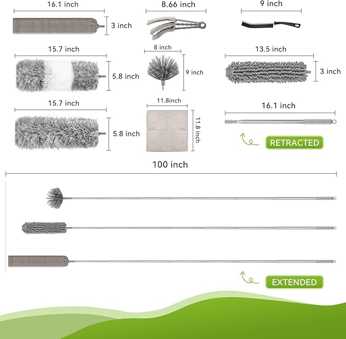 14PCS 100-Inch Extendable Duster Kit – Bendable Chenille/Microfiber/Window Blind Tools for Home/Car/High Ceilings
