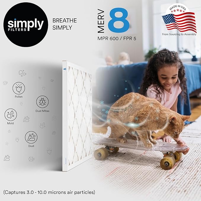 Simply 10x14x1 Air Filter, Merv 8, 6 Pack, For Home AC Furnace & HVAC (Actual Size: 9.75"x13.75"x0.75") DUST, Pet, & Allergy Control