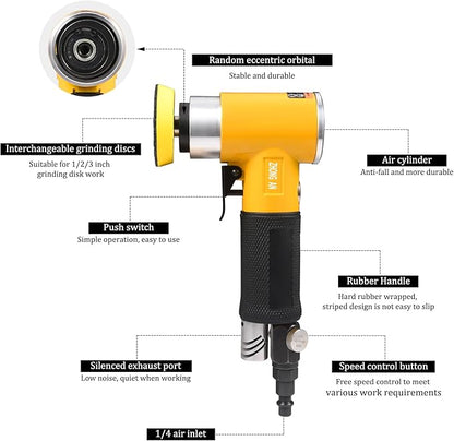 ZHONG AN 2/3 inch Mini Orbital Sander Pneumatic Palm da sander Air Polisher Super Smooth and Swirl Freely for Auto Body Work Wood working with 20 PCS Sanding Discs,Yellow