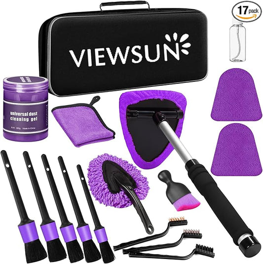 Viewsun Windshield Cleaner Tool, 17Pcs Purple Car Interior Cleaning Kit, Detailing Kit Cleaner, Detailing Brush, Cleaning Gel, Inside Cleaning Supplies Accessories for Trucks, SUVs, RVs Window