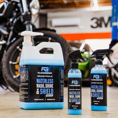 Flowgenix™ Waterless Car Wash Spray - Grand Finale - Motorcycle Cleaner & Car Wax Spray Polish (8 oz) - Ceramic Coating - Incl. 2 Microfiber Towels - Quick Detailer Spray (3-Pack)