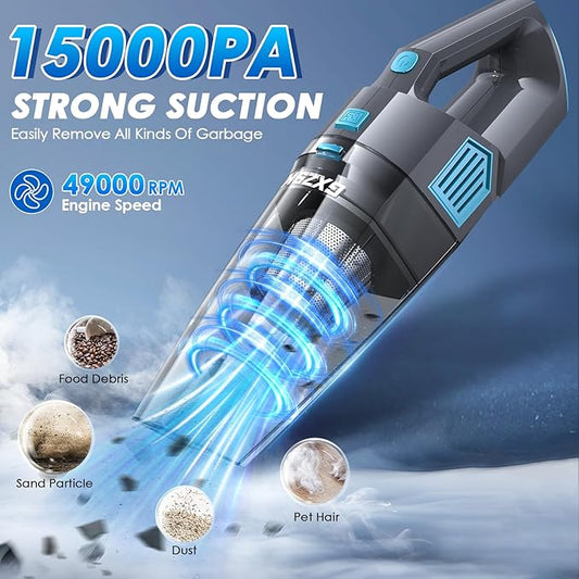 Gxzsk Handheld Vacuum Cordless, 15000PA Strong Suction Hand Held Car Vacuum Cleaner Rechargeable, Portable Hand Vacuum with Multi-Nozzles & Washable Filter for Home Office, Car, Pets