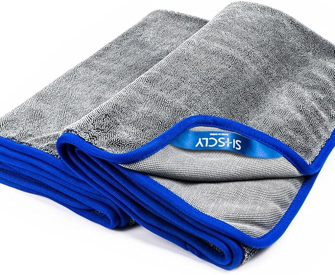 SHSCLY Car Drying Towels, Microfiber 2-Pack (29"x33"), Ultra Absorbent & Scratch-Free, Thick Twist Pile for Auto Detailing & Water Removal, Grey with Blue Trim