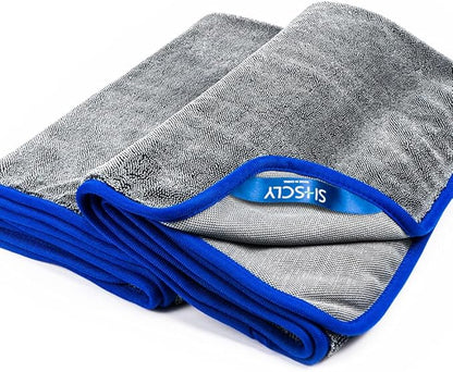 SHSCLY Car Drying Towels, Microfiber 2-Pack (29"x33"), Ultra Absorbent & Scratch-Free, Thick Twist Pile for Auto Detailing & Water Removal, Grey with Blue Trim