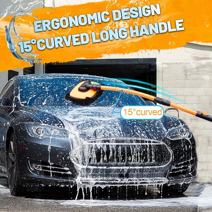 RIDE KINGS Car Wash Brush, Car Duster Exterior Scratch Free 180°Adjustable,Truck Cleaning Supplies with Ergonomic 15°Curved Extentable Pole Handle, Car Washing Equipment - Orange
