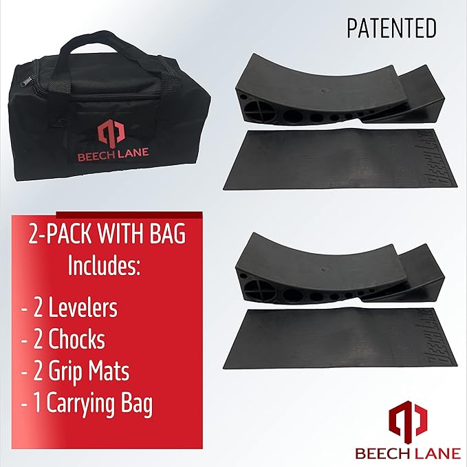 Beech Lane Camper Leveler 2 Pack with Carrying Bag - Precise Camper Leveling, Includes Two Curved Levelers, Two Chocks, Two Rubber Grip Mats, and A Carrying Bag, Patented