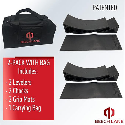 Beech Lane Camper Leveler 2 Pack with Carrying Bag - Precise Camper Leveling, Includes Two Curved Levelers, Two Chocks, Two Rubber Grip Mats, and A Carrying Bag, Patented