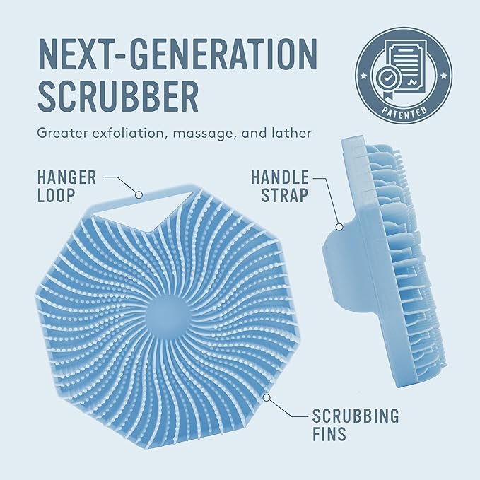 Sud Scrub® Antimicrobial Silicone Body Scrubber, Exfoliating Body Scrubber for Sensitive Skin, Eco Friendly Shower Scrubber for Body, Silicone Body Brush for Showering, Blue