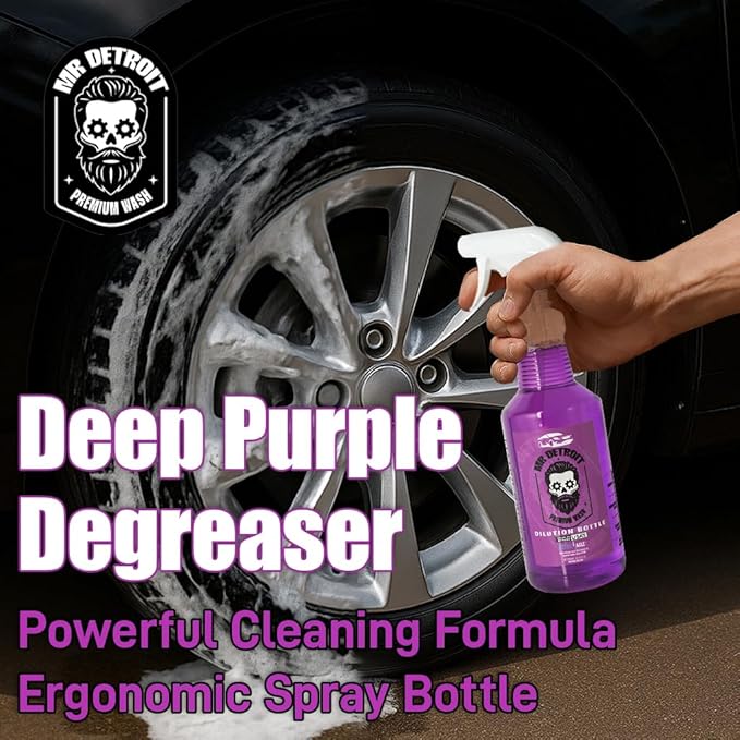 Mr. Detroit - 2pc Deep Purple Degreaser 64oz Container and Dilution Bottle, Heavy-duty All-purpose Cleaner for Engines, Tires & More, Professional Strength Formula, Breaks Down Grease, Oil & Grime