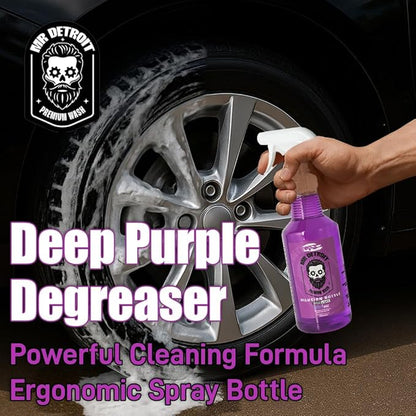 Mr. Detroit - 2pc Deep Purple Degreaser 64oz Container and Dilution Bottle, Heavy-duty All-purpose Cleaner for Engines, Tires & More, Professional Strength Formula, Breaks Down Grease, Oil & Grime