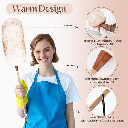 THARAHT Lamb Wool Duster Fluffy Long Handle Reusable for Cleaning Ceiling Fan,Pendant lamp, High Ceiling, Blinds, Furniture Feather Duster