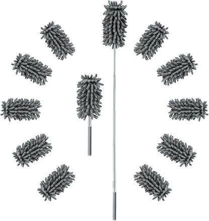 12 Pack High Duster with Extension Pole, Reusable & Washable Feather Duster, Microfiber Dusters for Cleaning for Ceiling Fan, Sofas, Ceiling, Car, Cabinet, Furniture, Blind(Gray)