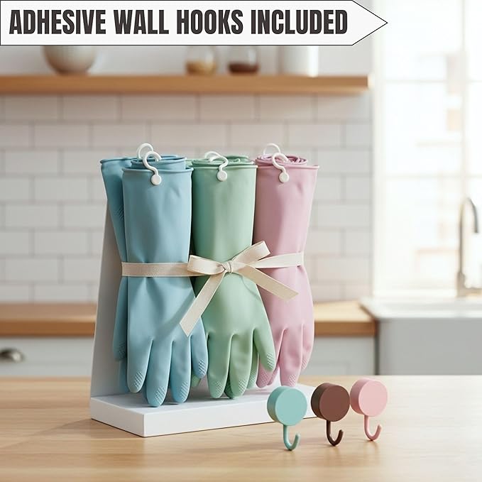 IMARU 3 Pairs Dishwashing Gloves with Hanging Hooks - NonSlip & Reusable Cleaning Gloves for Household, Kitchen, Gardening