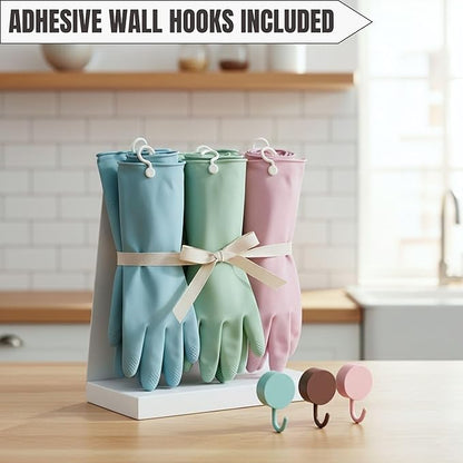 IMARU 3 Pairs Dishwashing Gloves with Hanging Hooks - NonSlip & Reusable Cleaning Gloves for Household, Kitchen, Gardening