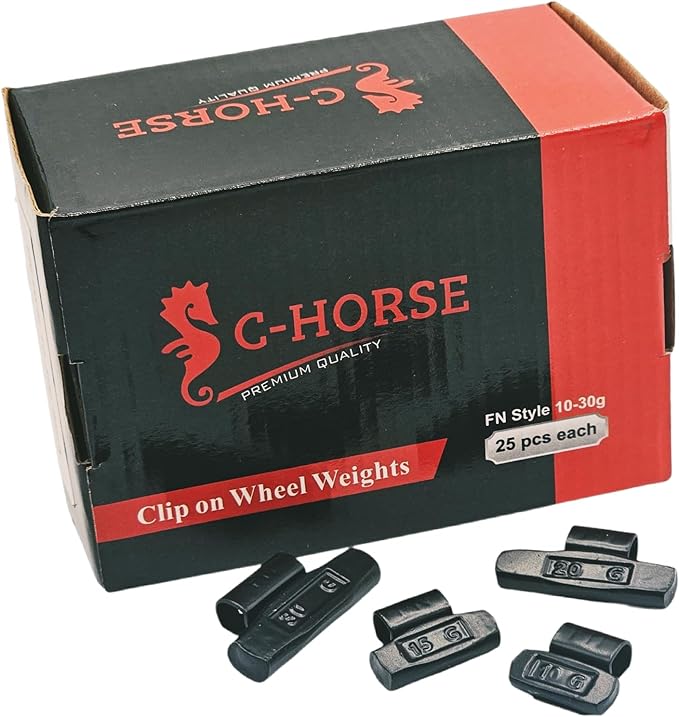 C-HORSE 100Pcs FN Series Clip on Wheel Weights Black Coated Assortment for Japanese Cars Hammer Type Rim Balancers, 10G, 15G, 20G, 30G, 25pcs for Each Size Fit for Steel Wheel (FN Style, 0.25-1)
