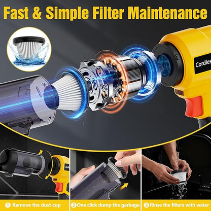 3 in 1 Cordless Handheld Vacuum Compatible with Dewalt 20V Battery, 22000Pa Suction Car Vacuum Portable for Quick Cleanups in Vehicles,Workshops,Homes and Offices(No Battery)