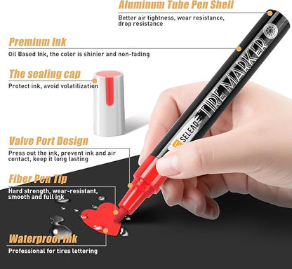 SELEAD Tire Marker White Red - 8 Pack Paint Pens for Car Tires Lettering, Premium Professional Oil Based Ink, Waterproof Quick Drying Non-Fading Permanent Markers