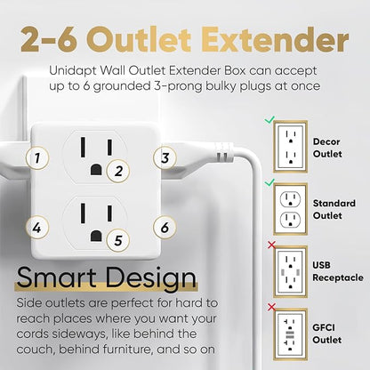 Multi Plug Outlet Splitter, Unidapt Multiple Outlets Extender Adapter with 6 AC Power Socket, Side Splitter Box, Wall Tap Plug Expander for Home Hotel Office Dorm Essentials 1-Pack, White