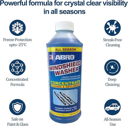 ABRO Windshield Washer Concentrate - 473ml, 2-in-1 All-Season Cleaner & Anti-Freeze, Up to -25°F (-31.5°C) Freeze Protection, Streak-Free Cleaning, Bug and Tar Removal