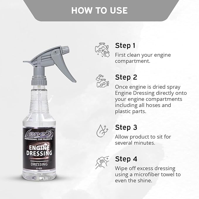 LANE'S Engine Dressing | Professional Engine Bay Cleaner and Protector Shine | Prevents Rubber Hoses Fading and Cracking | Easy to Use, Dust Resistant Degreaser & Detail Spray | 32 oz, 2 Pack
