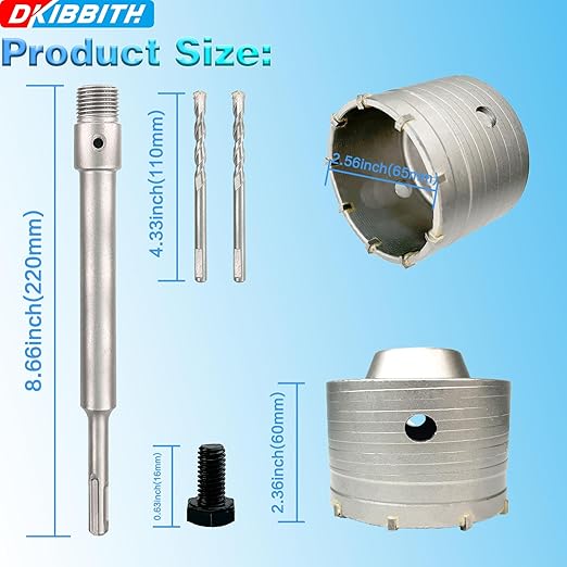 2-1/2" Concrete Hole Saw, Tungsten Steel Core Bit for Cinder Block, Brick, Rock, Plank Walls for Pipes or mini Split Lines, with SDS Plus Shank and 2 Center Positioning Drill Bits.