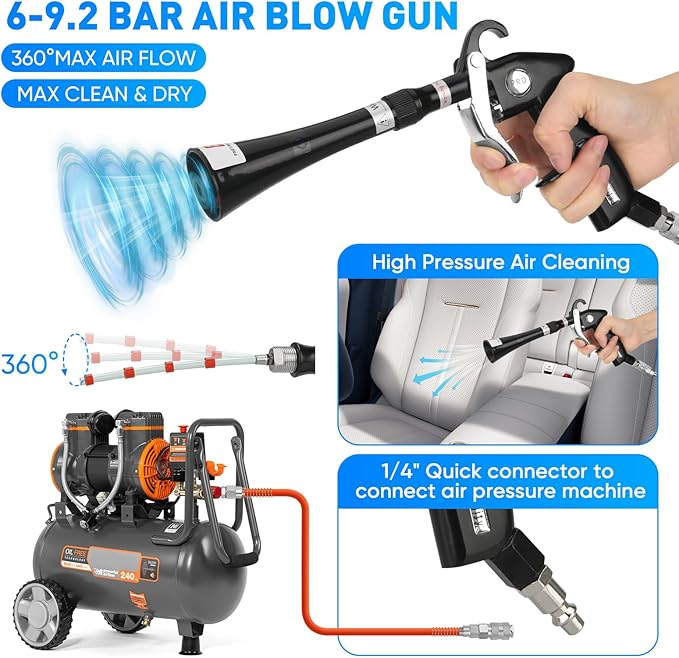MYPIN Aluminium Car Cleaning Gun with Tapered Nozzle, 6-9.2Bar with 2 Set Nozzle, Pressure Air Blower Blow Gun Producing Powerful Blast of Air for Cleaning Cars, Velvet, Furniture and Carpets