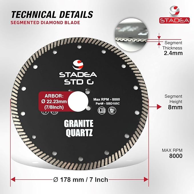 Stadea SBD115C Diamond Saw Blade 7-Inch Continuous Turbo Dry Cutting - Cuts Granite Quartz Quartzite, Fits Grinder, Saw Cutter, 8 MM Segments - Pack of 5