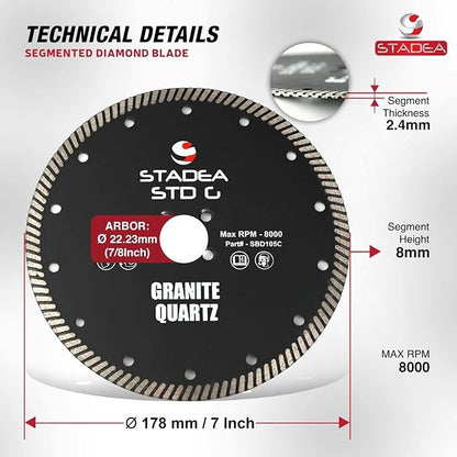 Stadea SBD115C Diamond Saw Blade 7-Inch Continuous Turbo Dry Cutting - Cuts Granite Quartz Quartzite, Fits Grinder, Saw Cutter, 8 MM Segments - Pack of 5