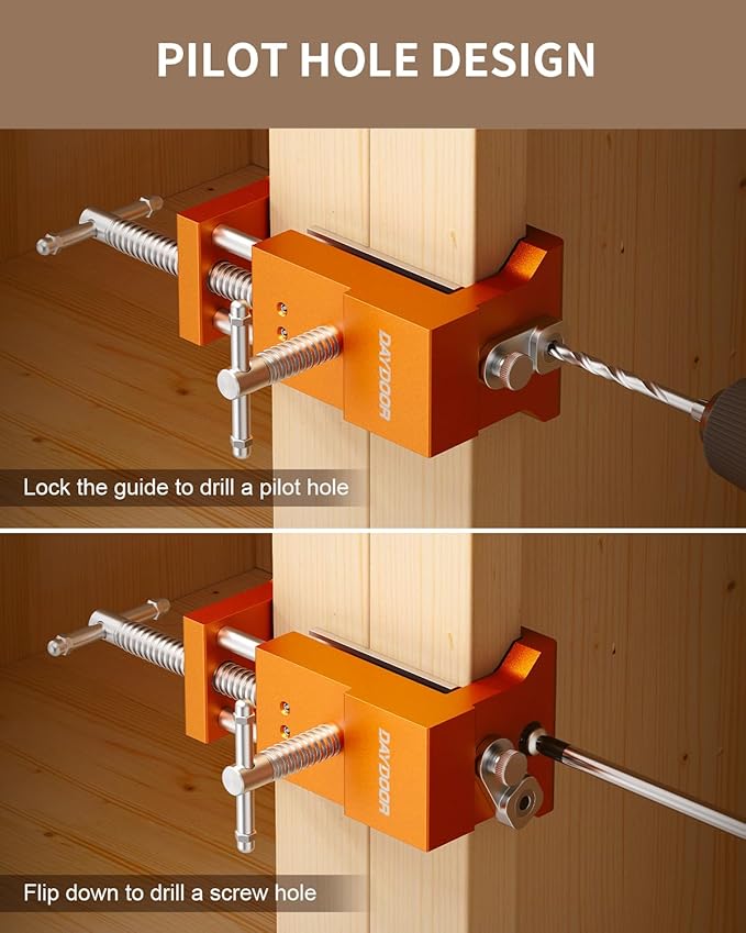 DAYDOOR Professional Cabinet Clamps 4 Pack, Heavy-Duty Cast Steel, Integrated Drill Guide & EVA Protection, Face Frame Alignment Tool for Cabinet Installation & Woodworking, Orange