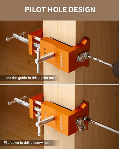 DAYDOOR Professional Cabinet Clamps 4 Pack, Heavy-Duty Cast Steel, Integrated Drill Guide & EVA Protection, Face Frame Alignment Tool for Cabinet Installation & Woodworking, Orange