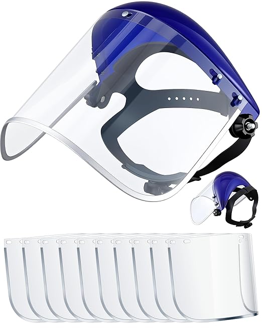 Copkim Safety Face Shield for Grinding and Cutting with 10 Pcs Replacement Clear Visor Full Impact Resistant Face Shield Protection Mask for Work Construction Weed Whacking Woodworking (Aluminum Edge)
