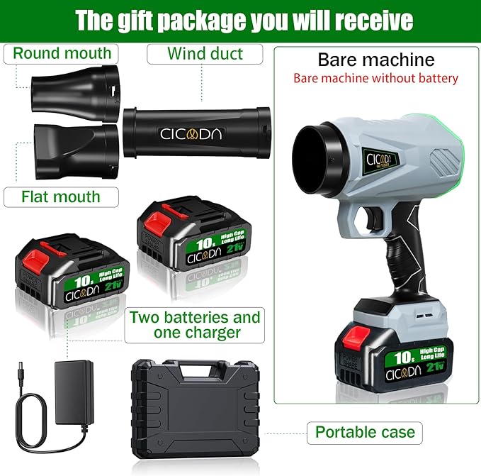 Turbo Cordless Blower - Dual Lithium Battery & Brushless Motor, Car Snow/Leaf Blower with Mini Jet Air Duct, 30+ Min Runtime, Best Snow Blower for All Ages