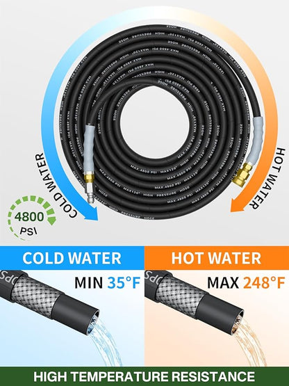 3/8" 4800PSI Pressure Washer Hose 100FT with Swivel Quick Connect for Cold/Hot Water Max 248°F, Kink Resistant Steel Wire Braided, Wear Resistant Power Washer Hose with M22 14mm Adapter