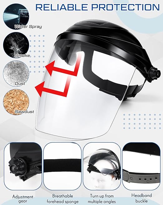 Tellegloww 6 Pcs Safety Face Shield for Grinding and Cutting, Clear Impact Resistant Visor, Full Face Shield Mask with Ratchet Headgear for Grinding, Isolation, Weed Whacking, Industrial Use (Black)