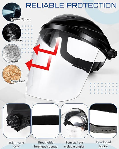 Tellegloww 6 Pcs Safety Face Shield for Grinding and Cutting, Clear Impact Resistant Visor, Full Face Shield Mask with Ratchet Headgear for Grinding, Isolation, Weed Whacking, Industrial Use (Black)