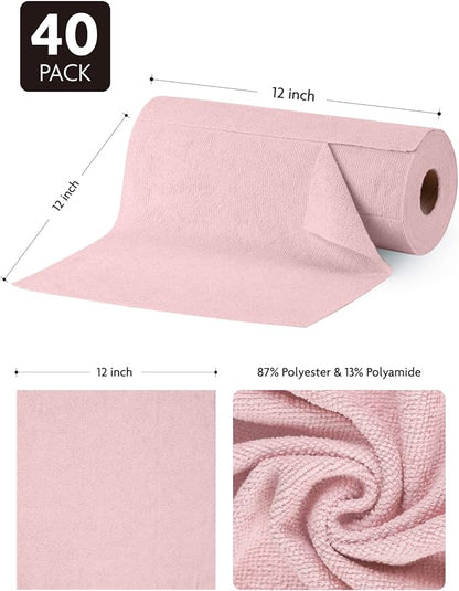 Fantasticlean Microfiber Cleaning Cloth Roll -40 Pack, Tear Away Microfiber Towels, 12" x 12", Reusable, Washable, Lint Free, Ultra Absorbent Dishcloth for Car, Pet, Kitchen Cleaning Supplies (Pink)