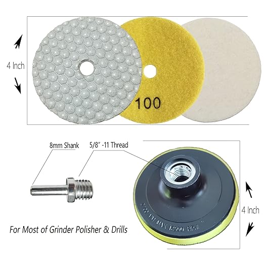 4 Inch Dry Diamond Polishing Pads, 11PCS Wet/Dry Granite Stone Buffing Pad Kit for Marble Concrete Quartz Tiles - High Temperature Resistance Sand Pad for Drill Grinder Polisher