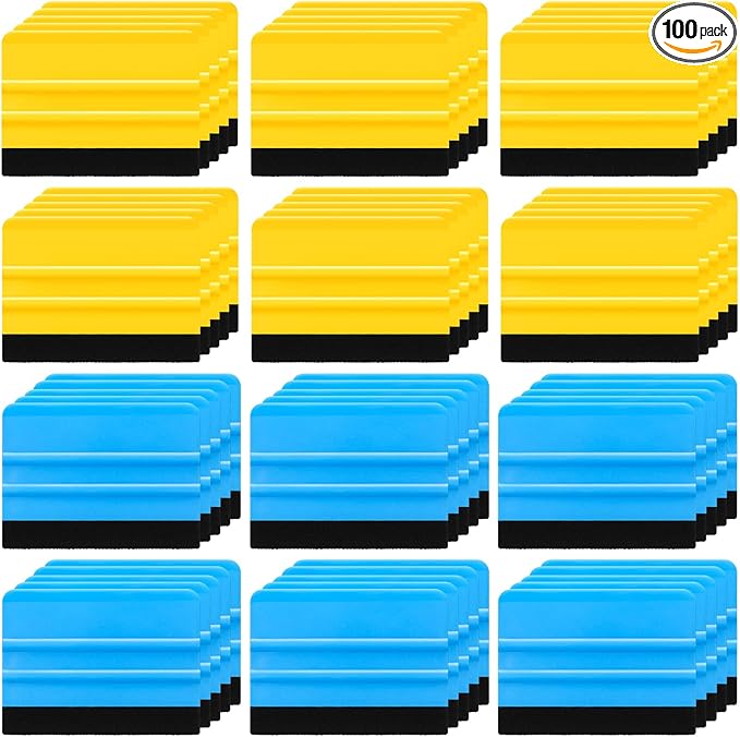 Lasnten 100 Pcs Squeegee for Vinyl Decal Tools 4 Inch Felt Edge Squeegee for Car Window Windshield Glass Cleaning Tool Vinyl Scraper Applicator Tool with Black Fabric Felt Edge, Blue Yellow