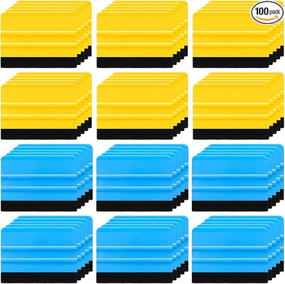 Lasnten 100 Pcs Squeegee for Vinyl Decal Tools 4 Inch Felt Edge Squeegee for Car Window Windshield Glass Cleaning Tool Vinyl Scraper Applicator Tool with Black Fabric Felt Edge, Blue Yellow