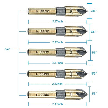 Countersink Drill Bit Set, 5 Pieces High Speed Steel 82 Degree 5 Flute 6mm Round Shank Mill Cutter Bit Countersink in Sizes 3/8" Set with Carrying Case.
