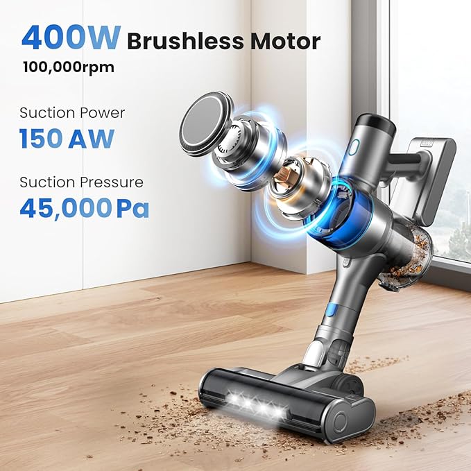 Dzaki S9X Vacuum Cleaners for Home,400W 45KPa Cordless Stick Vacuum Cleaner,Up to 55 Mins Runtime,Smart Induction Auto-Adjustment,Rechargeable Battery Vacuum Cordless for Carpet Floor Pet Hair(Navy)