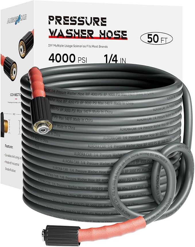 Pressure Washer Hose 50FT 1/4", Kink Resistant Power Washer Hose Compatible with M22 Fittings, Replacement For Most Brand Pressure Washers, 4000 PSI, Grey