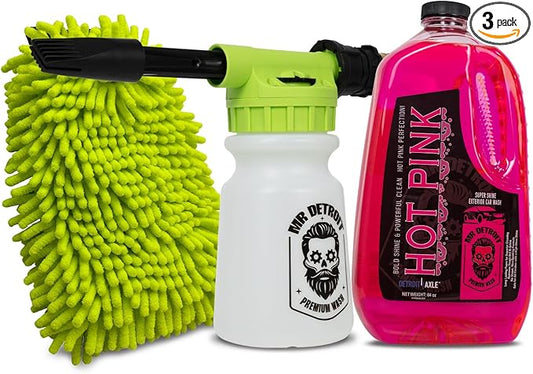 Mr. Detroit - 3pc Car Wash Kit with Foam Blaster, 64oz Car Wash Soap, Double Noodle Wash Mitt, Scratch-Free Wash Gun Foam Cannon Streak-Free Exterior Cleaner for Auto Cleaning & Home Use