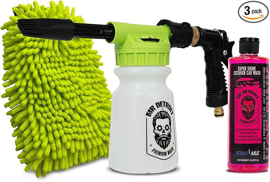 Mr. Detroit - 3pc Car Wash Kit with Foam Blaster, 16oz Car Cleaning Soap, Double Noodle Wash Mitt, Scratch-Free Wash Gun Foam Cannon Streak-Free Exterior Cleaner for Auto Cleaning & Home Use
