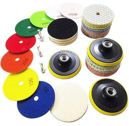 4 Inch Dry Diamond Polishing Pads Set - 1 Box of 34 Piece Dry/Wet Granite Sanding Pad for Bufffing Marble Quartz Concrete Stone Tiles Used for Grinder Polisher Drill