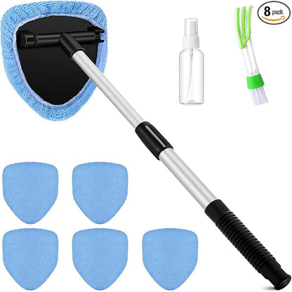 8 Pcs Car Windshield Cleaner Tool Kit with Extendable Handle, Microfiber Towel Pads, Brush, Empty Spray Bottle for Auto Glass Wiper Suvs Rvs & Home Windows(Light Blue)