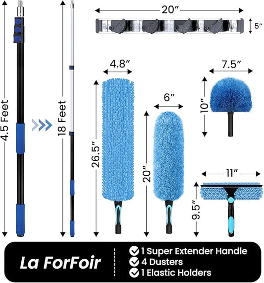25ft High Ceiling Duster Kits with 5-18ft Heavy Duty Extension Pole - Fan Blade Cleaner, Cobweb Remover & Blue Window Squeegee Kit, Washable Dust Brush for High Roof and Glass Surfaces