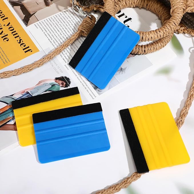 Lasnten 50 Pcs Plastic Vinyl Squeegee 4 Inch Felt Edge Squeegee for Car Window Windshield Glass Cleaning Tool Vinyl Scraper Decal Applicator Tool with Black Fabric Felt Edge, Blue Yellow